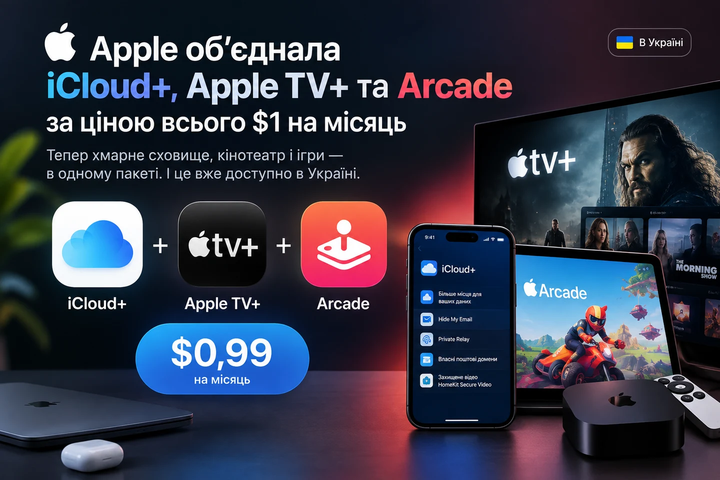 Логотипи iCloud+, Apple TV+ та Apple Arcade